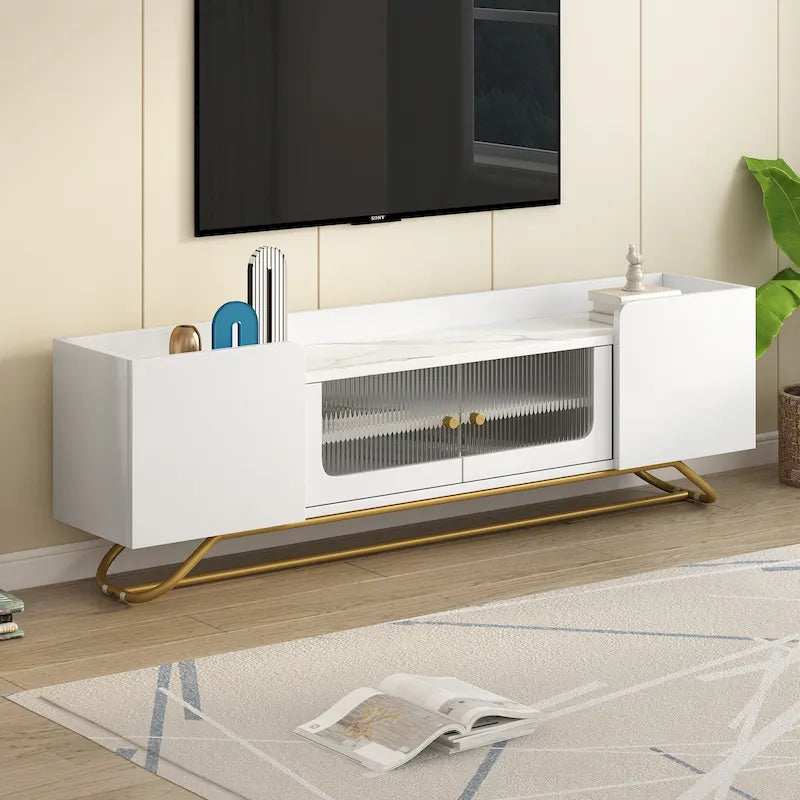 Modern TV Stand with Fluted Glass Doors and Gold Metal Frame
