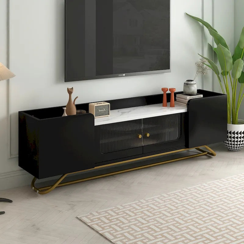Modern TV Stand with Fluted Glass Doors and Gold Metal Frame