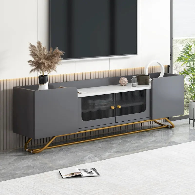 Modern TV Stand with Fluted Glass Doors and Gold Metal Frame