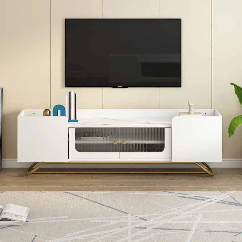 Modern TV Stand with Fluted Glass Doors and Gold Metal Frame