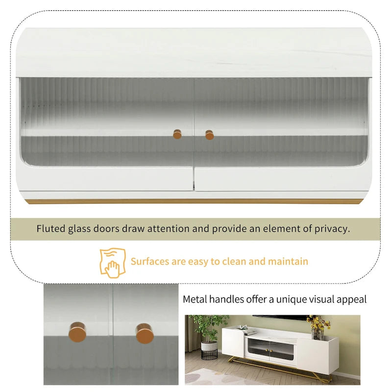 Modern TV Stand with Fluted Glass Doors and Gold Metal Frame