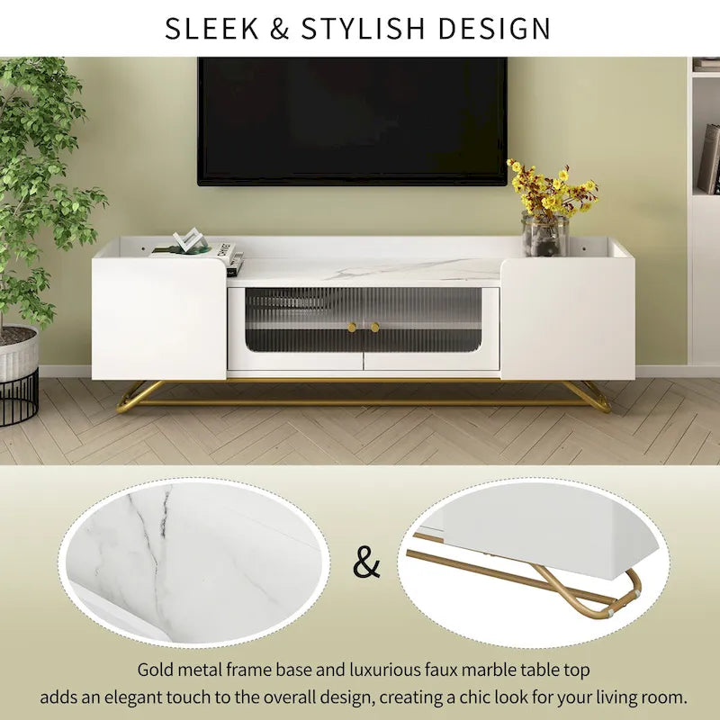 Modern TV Stand with Fluted Glass Doors and Gold Metal Frame