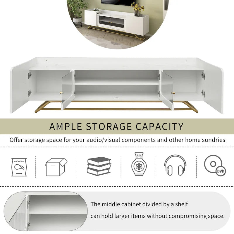 Modern TV Stand with Fluted Glass Doors and Gold Metal Frame