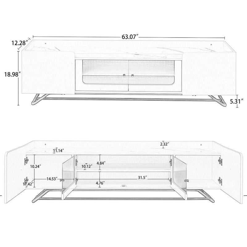 Modern TV Stand with Fluted Glass Doors and Gold Metal Frame