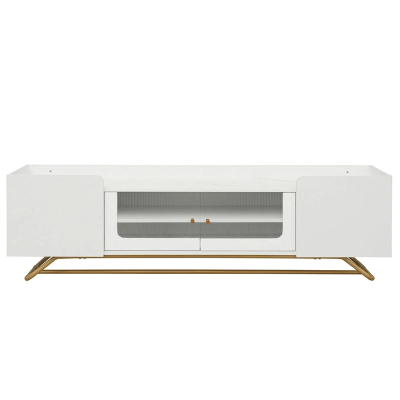 Modern TV Stand with Fluted Glass Doors and Gold Metal Frame