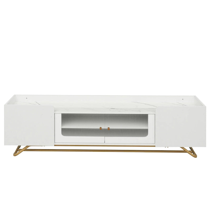 Modern TV Stand with Fluted Glass Doors and Gold Metal Frame