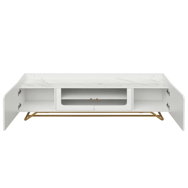 Modern TV Stand with Fluted Glass Doors and Gold Metal Frame