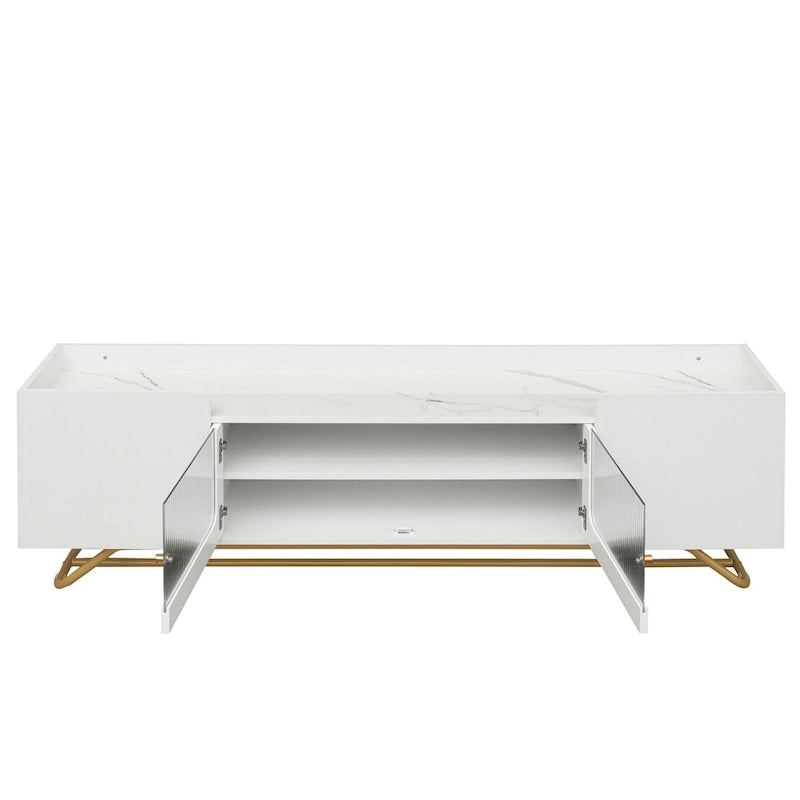 Modern TV Stand with Fluted Glass Doors and Gold Metal Frame