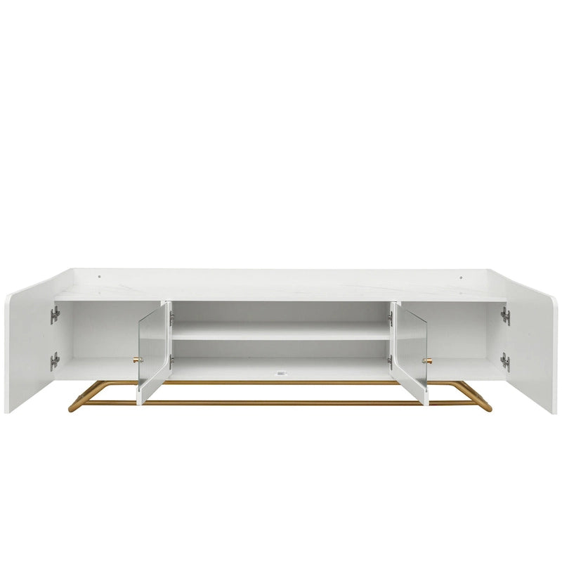 Modern TV Stand with Fluted Glass Doors and Gold Metal Frame