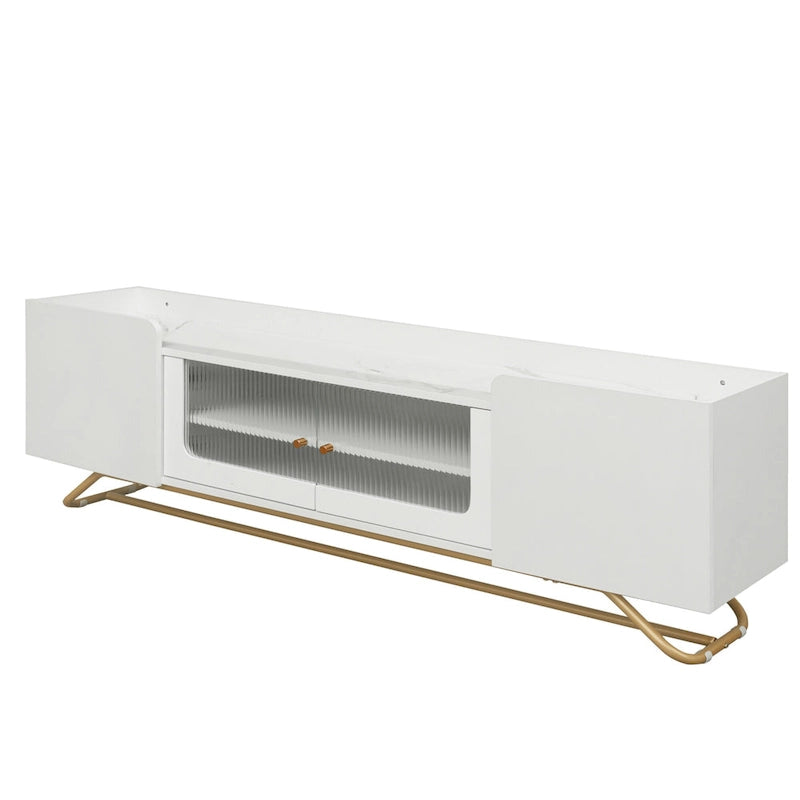 Modern TV Stand with Fluted Glass Doors and Gold Metal Frame