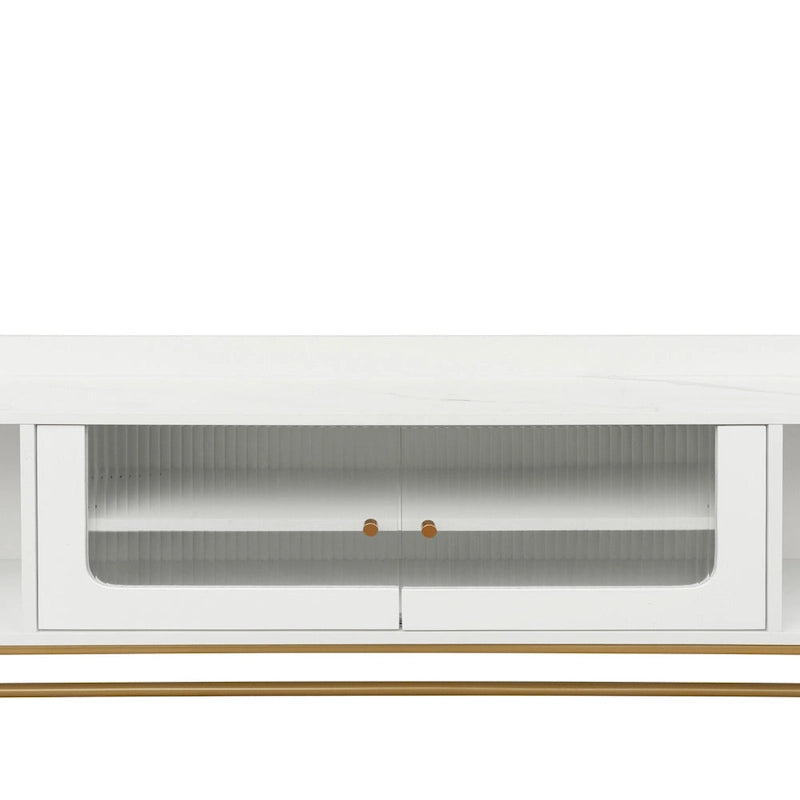 Modern TV Stand with Fluted Glass Doors and Gold Metal Frame