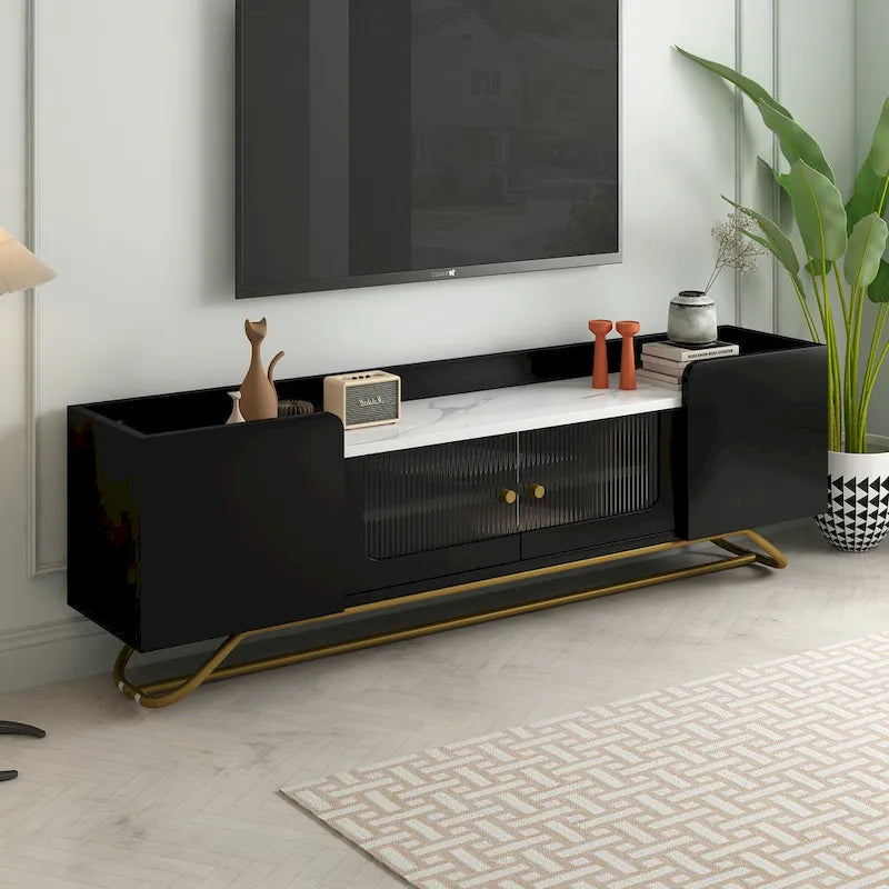 Modern TV Stand with Fluted Glass Doors and Gold Metal Frame