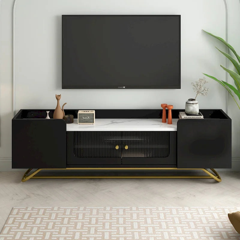 Modern TV Stand with Fluted Glass Doors and Gold Metal Frame