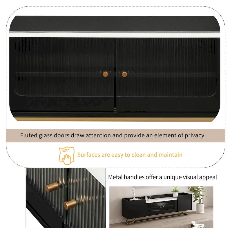 Modern TV Stand with Fluted Glass Doors and Gold Metal Frame
