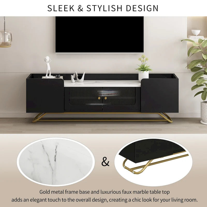 Modern TV Stand with Fluted Glass Doors and Gold Metal Frame