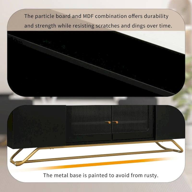 Modern TV Stand with Fluted Glass Doors and Gold Metal Frame