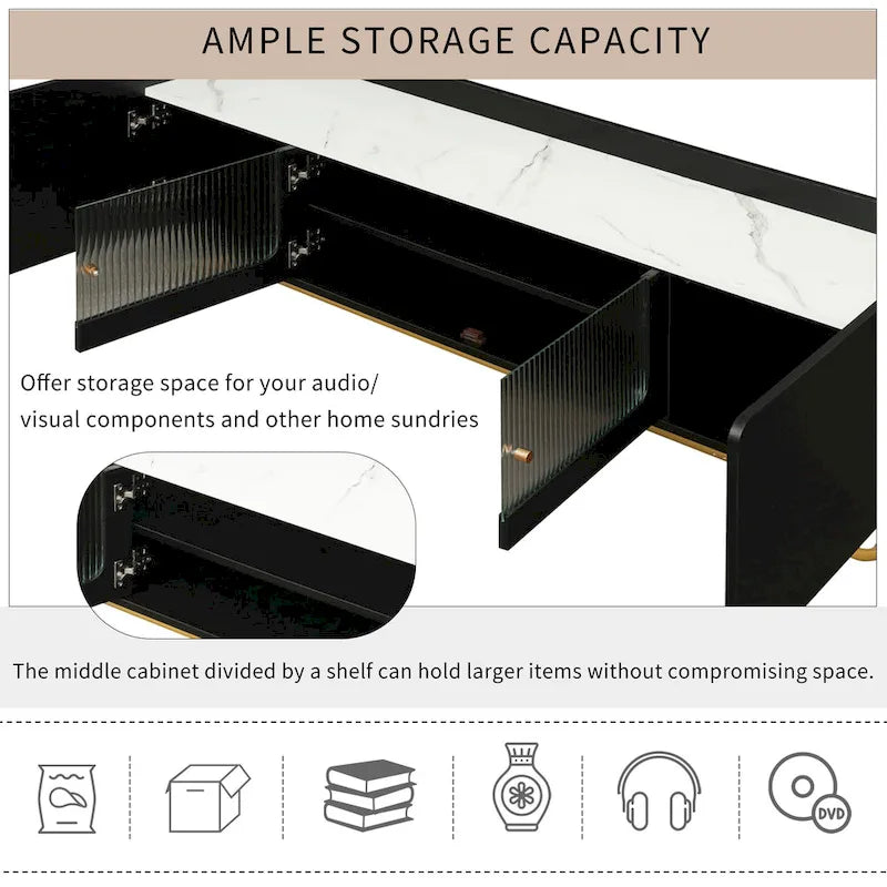 Modern TV Stand with Fluted Glass Doors and Gold Metal Frame