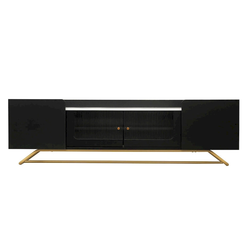 Modern TV Stand with Fluted Glass Doors and Gold Metal Frame