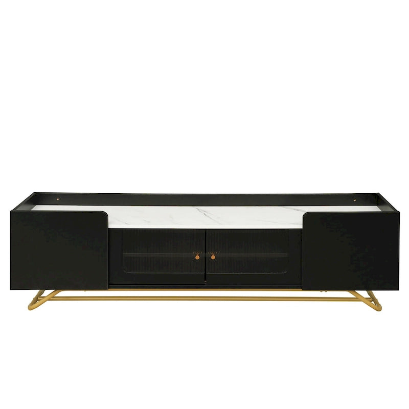 Modern TV Stand with Fluted Glass Doors and Gold Metal Frame