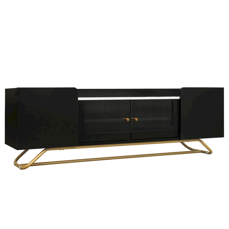 Modern TV Stand with Fluted Glass Doors and Gold Metal Frame