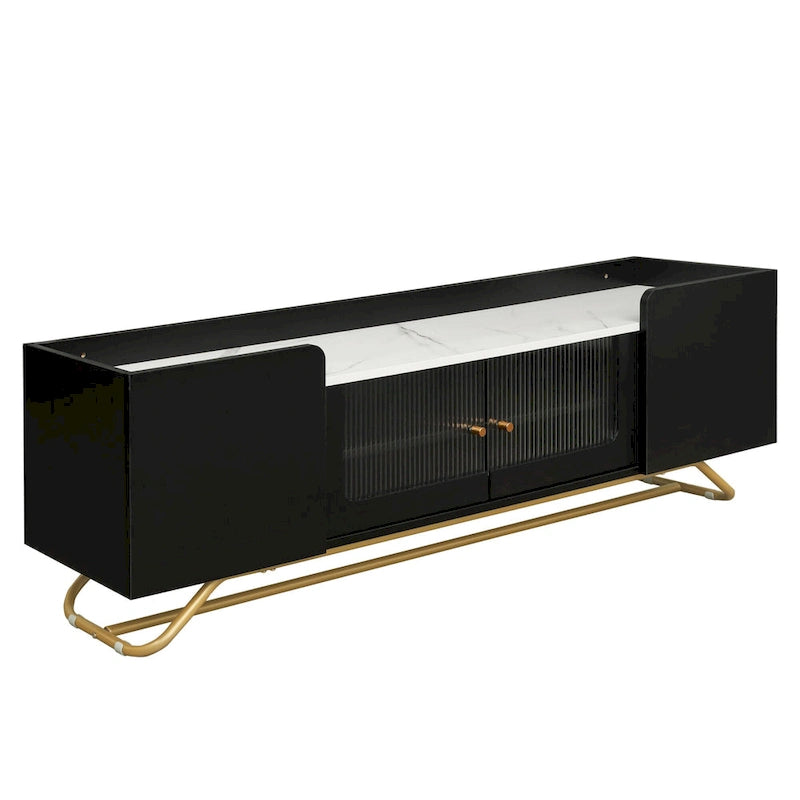 Modern TV Stand with Fluted Glass Doors and Gold Metal Frame