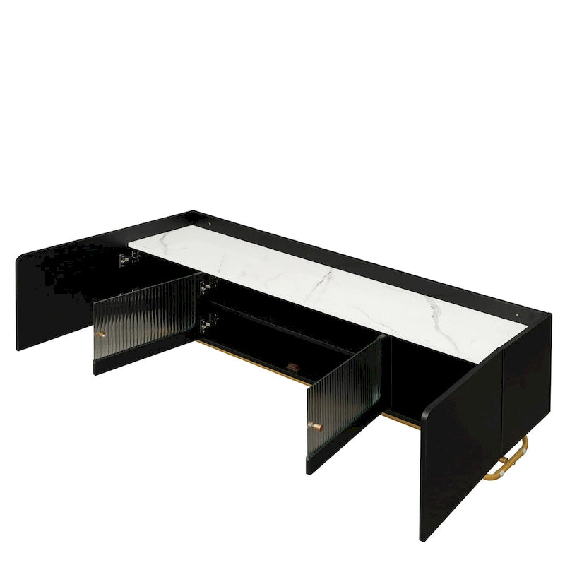 Modern TV Stand with Fluted Glass Doors and Gold Metal Frame