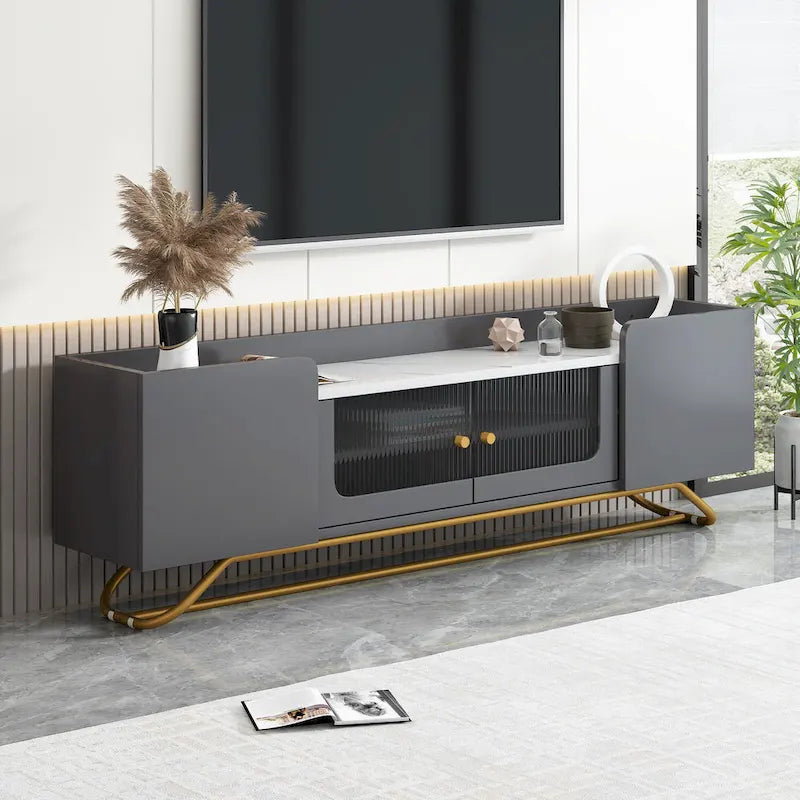 Modern TV Stand with Fluted Glass Doors and Gold Metal Frame