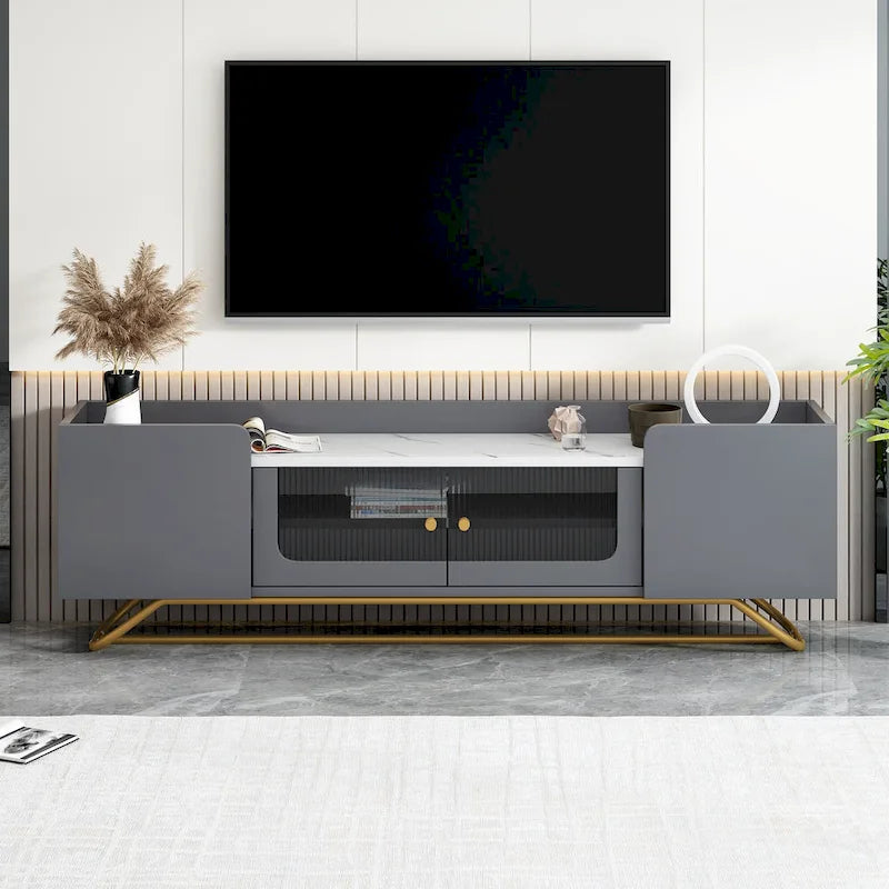 Modern TV Stand with Fluted Glass Doors and Gold Metal Frame