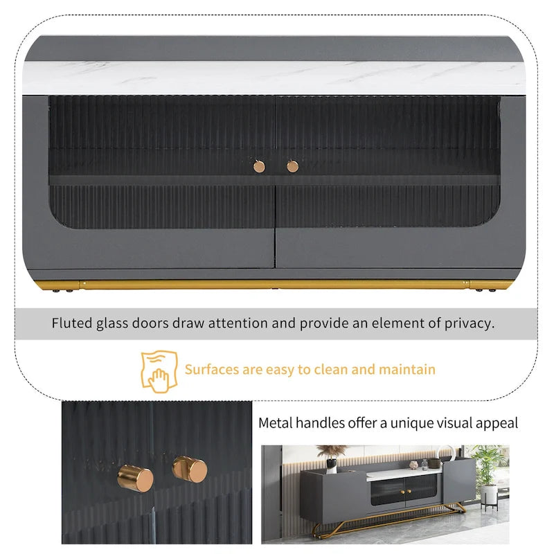 Modern TV Stand with Fluted Glass Doors and Gold Metal Frame