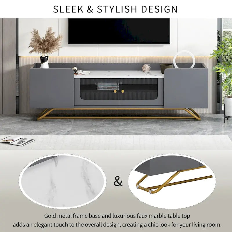Modern TV Stand with Fluted Glass Doors and Gold Metal Frame