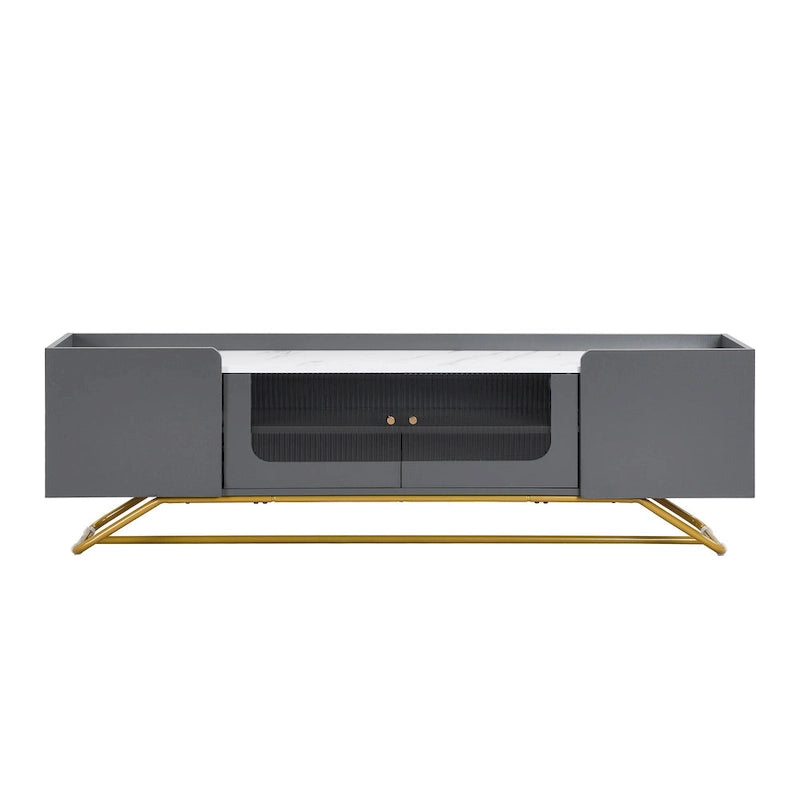 Modern TV Stand with Fluted Glass Doors and Gold Metal Frame