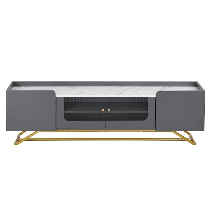 Modern TV Stand with Fluted Glass Doors and Gold Metal Frame