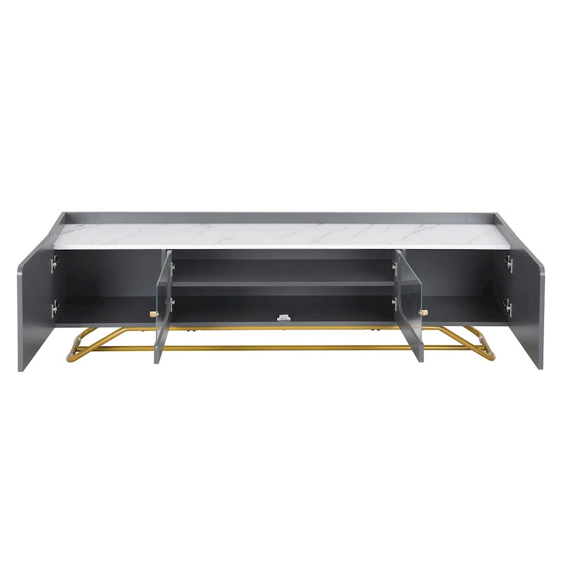 Modern TV Stand with Fluted Glass Doors and Gold Metal Frame
