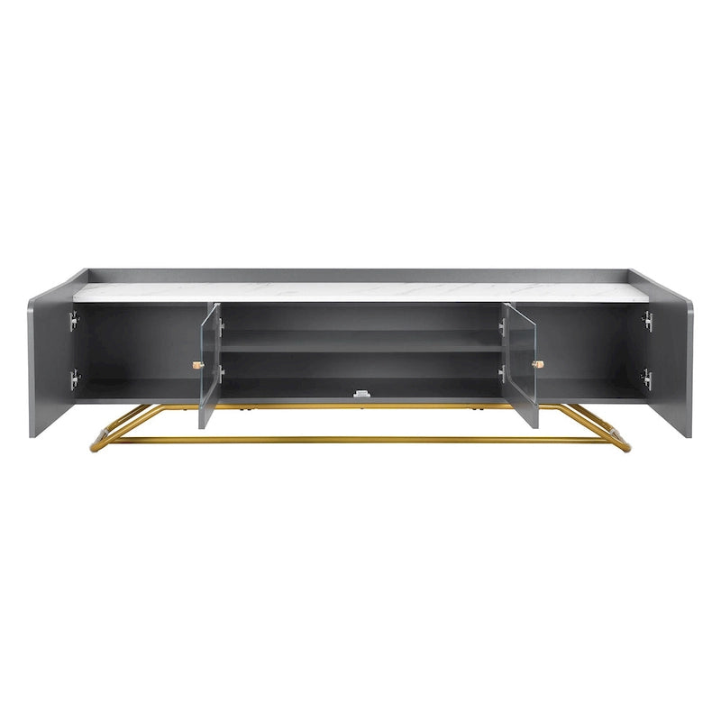 Modern TV Stand with Fluted Glass Doors and Gold Metal Frame