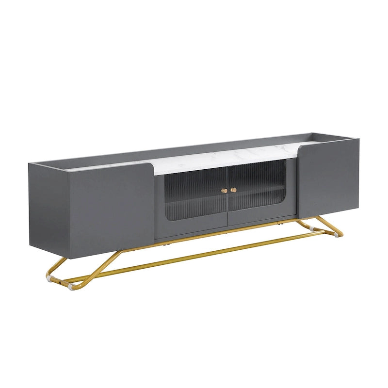 Modern TV Stand with Fluted Glass Doors and Gold Metal Frame