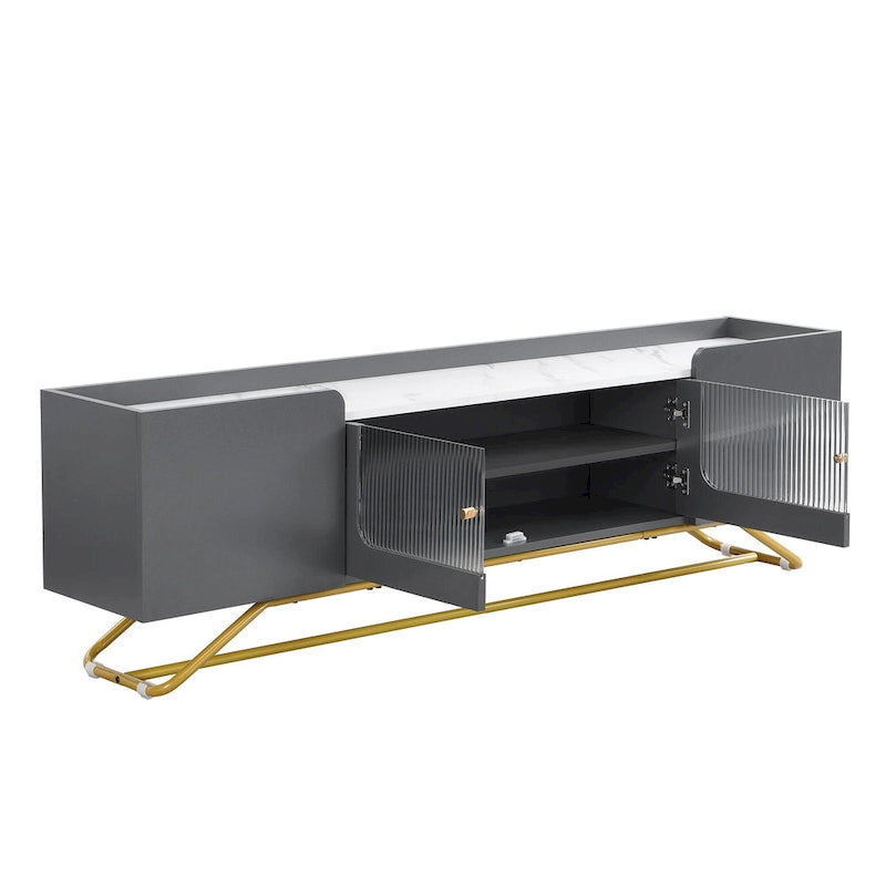 Modern TV Stand with Fluted Glass Doors and Gold Metal Frame