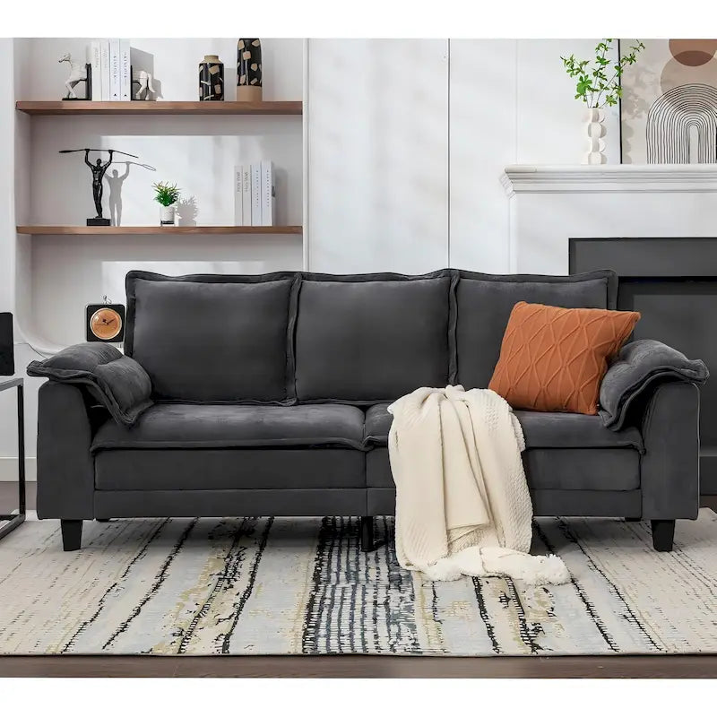 Tufted Chenille Three-Seater Sofa with USB Ports Storage Pockets Beige Dark Grey
