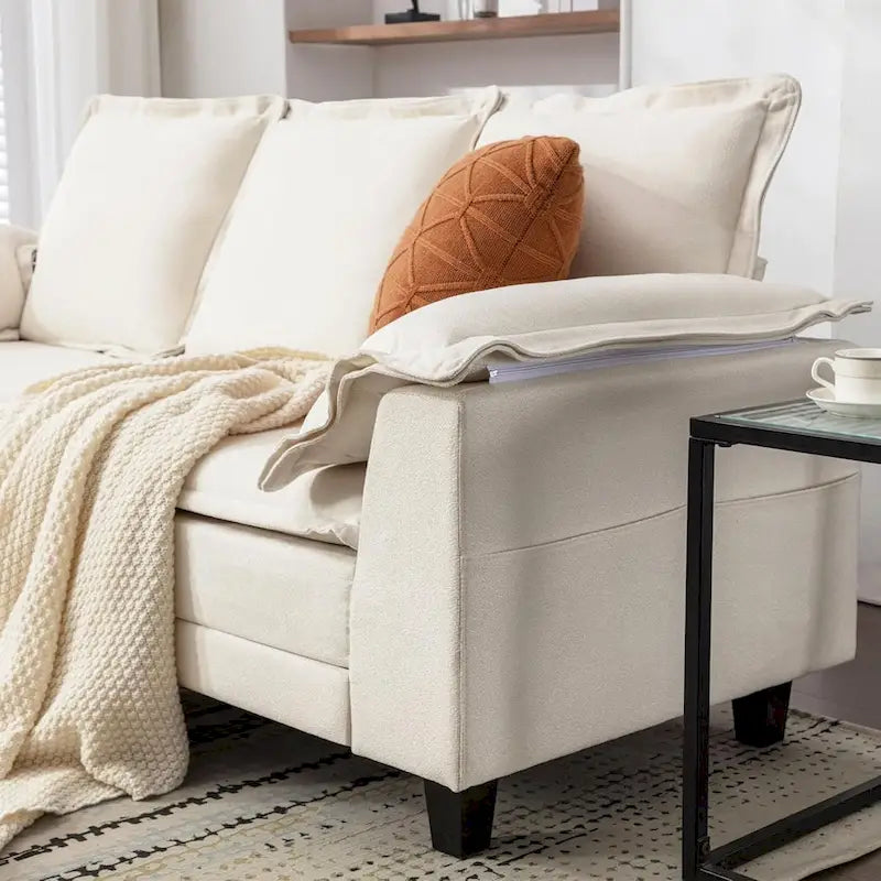 Tufted Chenille Three-Seater Sofa with USB Ports Storage Pockets Beige Dark Grey