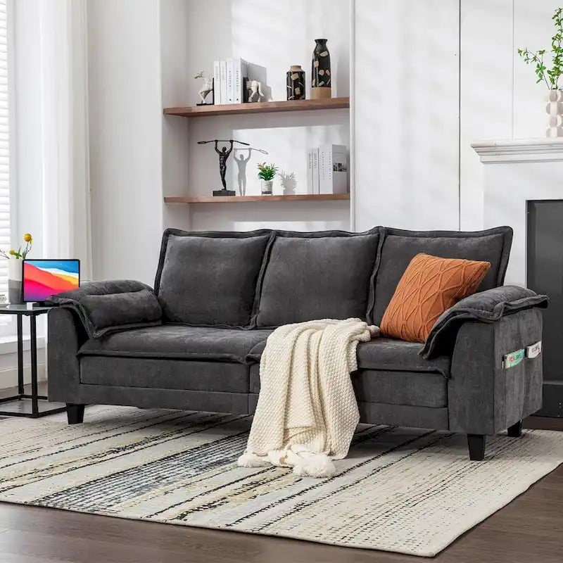 Tufted Chenille Three-Seater Sofa with USB Ports Storage Pockets Beige Dark Grey