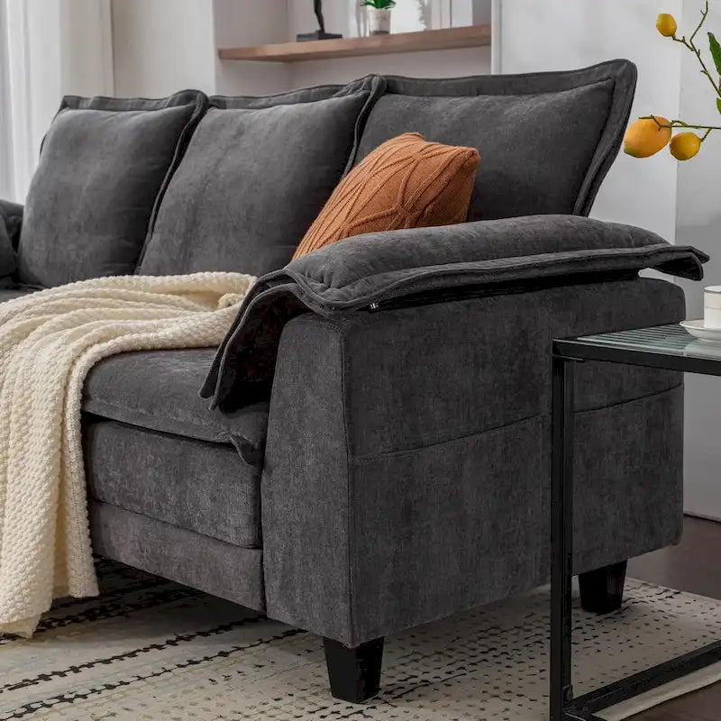Tufted Chenille Three-Seater Sofa with USB Ports Storage Pockets Beige Dark Grey