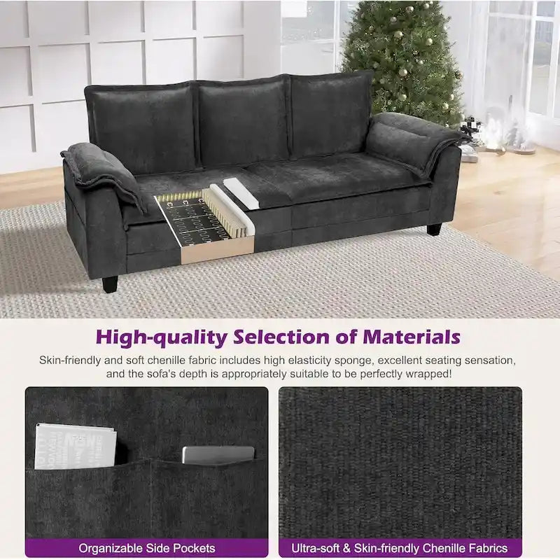 Tufted Chenille Three-Seater Sofa with USB Ports Storage Pockets Beige Dark Grey