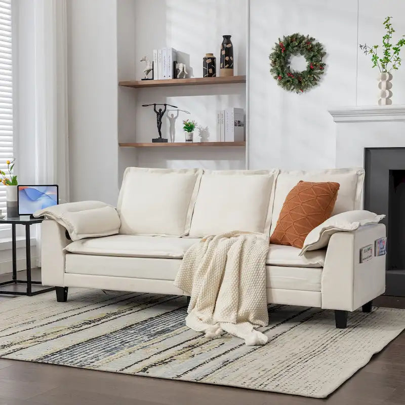Tufted Chenille Three-Seater Sofa with USB Ports Storage Pockets Beige Dark Grey