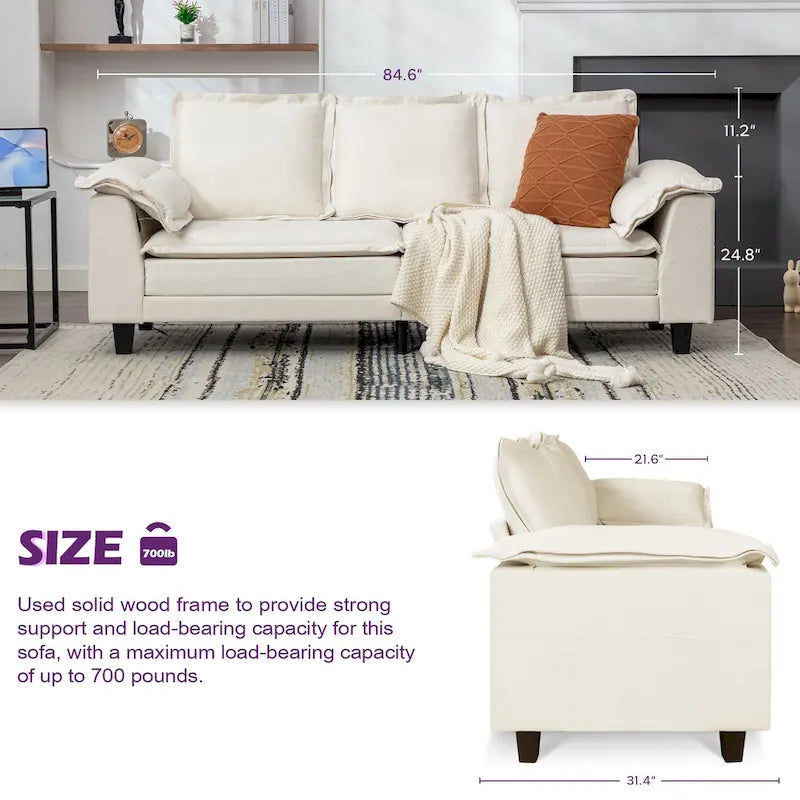 Tufted Chenille Three-Seater Sofa with USB Ports Storage Pockets Beige Dark Grey