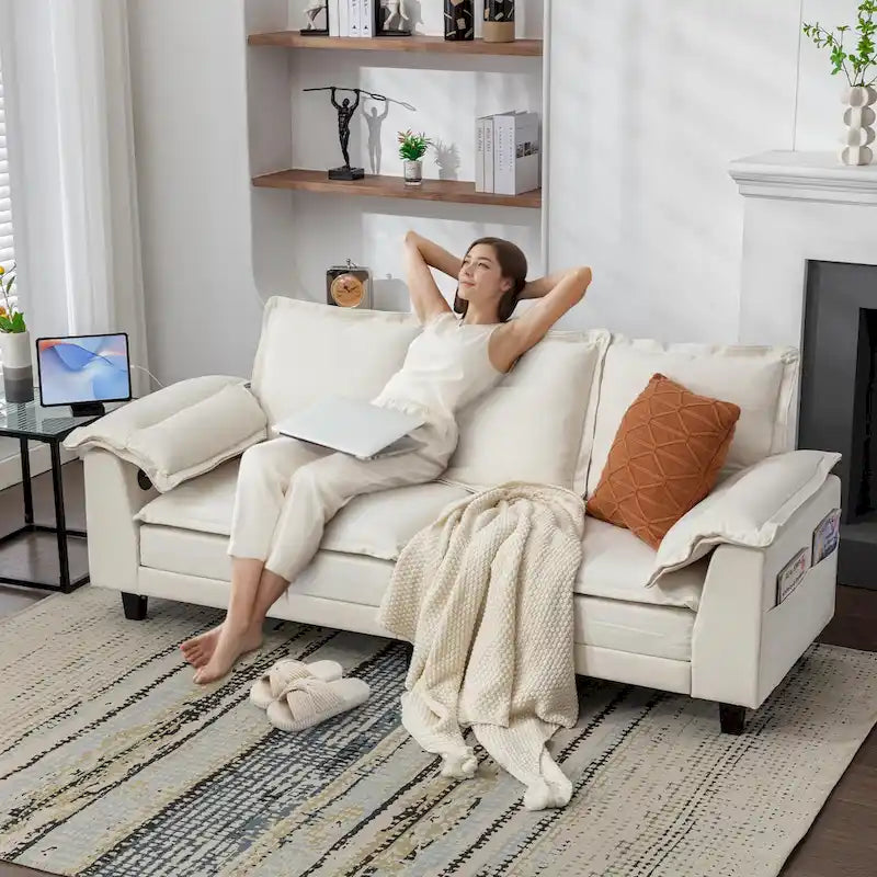 Tufted Chenille Three-Seater Sofa with USB Ports Storage Pockets Beige Dark Grey