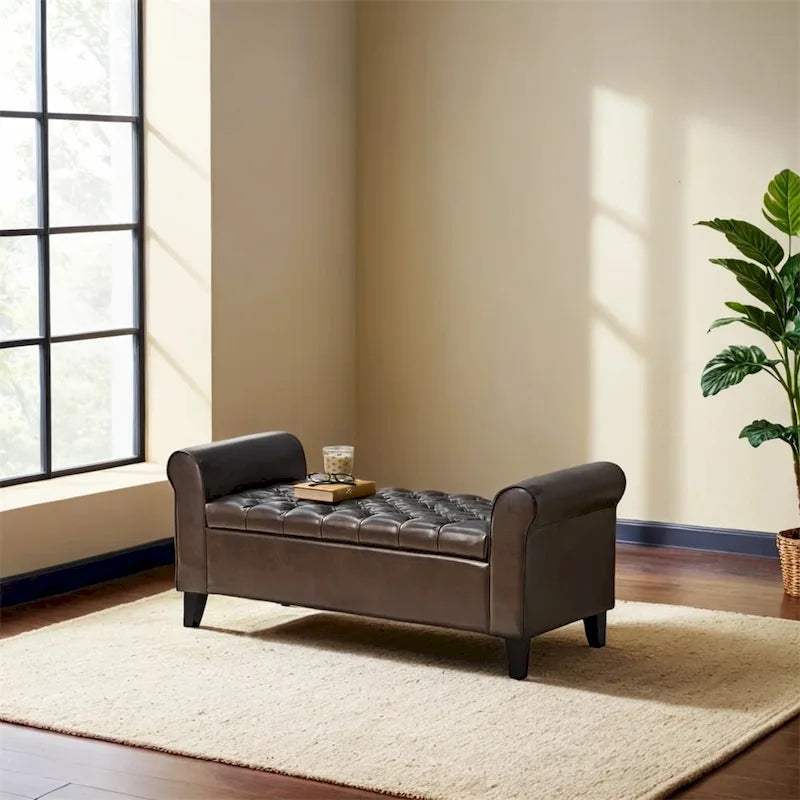 Tufted Armed Storage Ottoman Bench with Rolled Arms Button Stitching