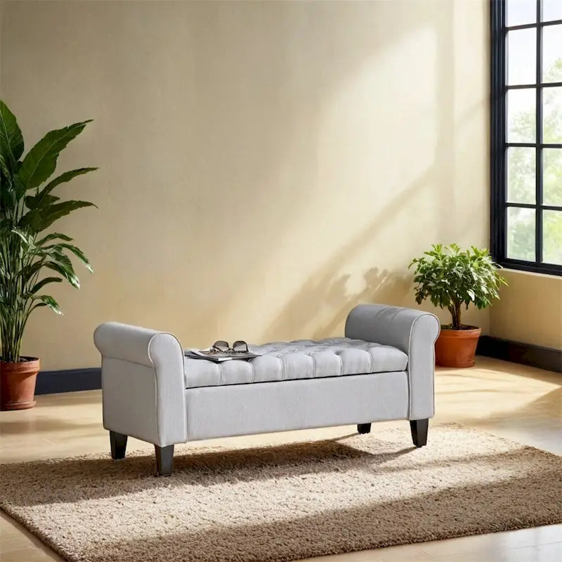 Tufted Armed Storage Ottoman Bench with Rolled Arms Button Stitching