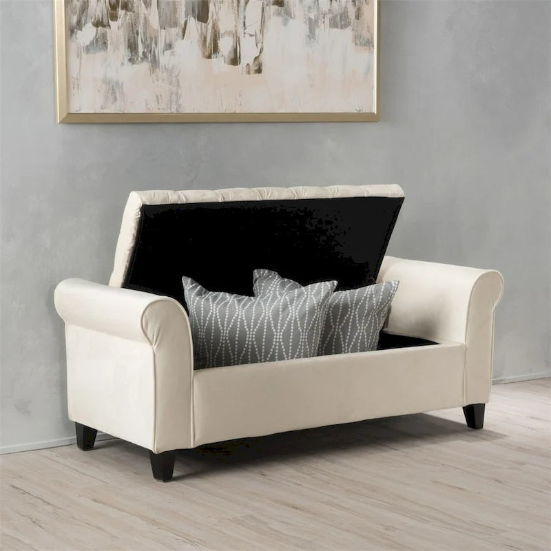 Tufted Armed Storage Ottoman Bench with Rolled Arms Button Stitching
