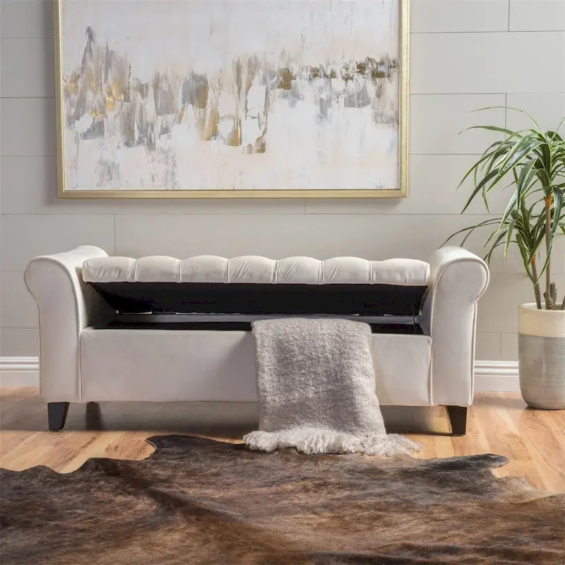 Tufted Armed Storage Ottoman Bench with Rolled Arms Button Stitching
