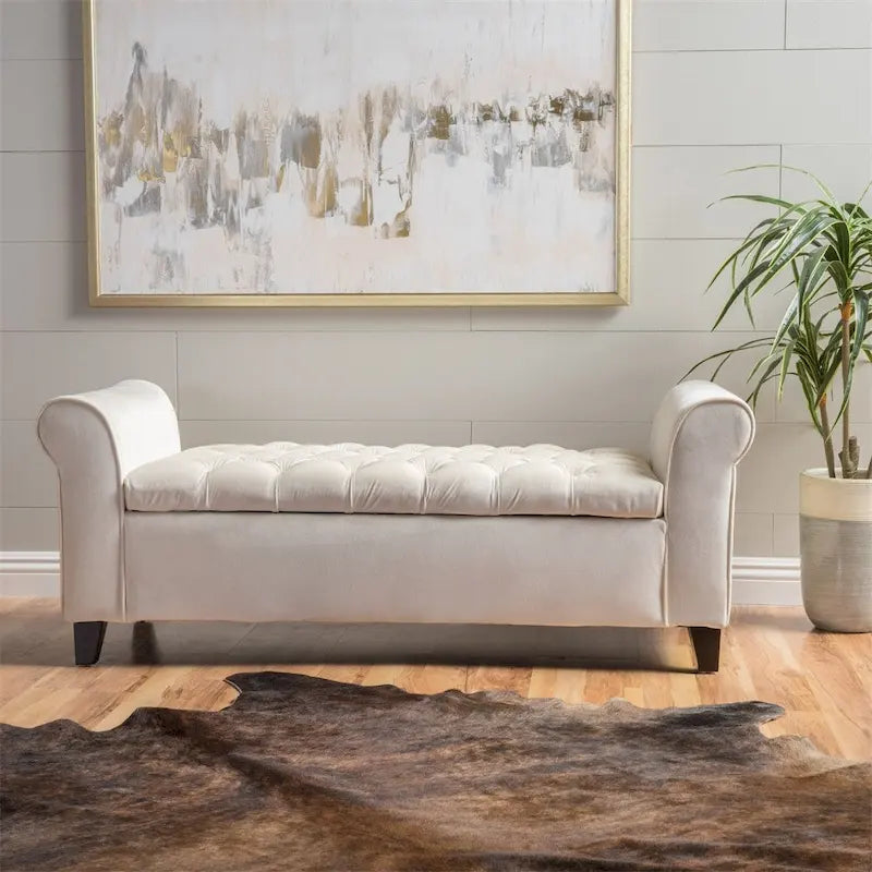 Tufted Armed Storage Ottoman Bench with Rolled Arms Button Stitching