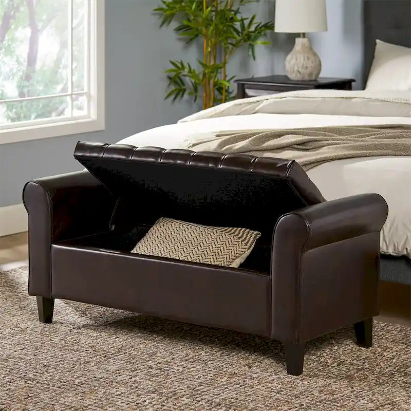 Tufted Armed Storage Ottoman Bench with Rolled Arms Button Stitching